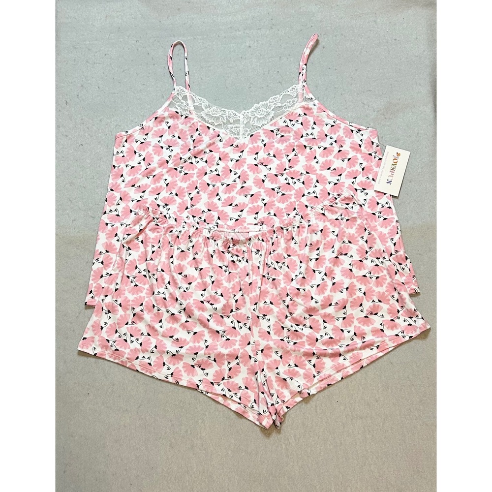 Joyspun Dreamy Soft Pajama Set XL Pink Floral Lace Trim Cami Shorts NWT